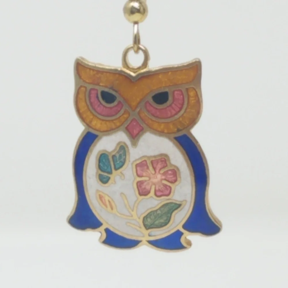 Vintage cloisonne‎ owl pierced earring dangle flora